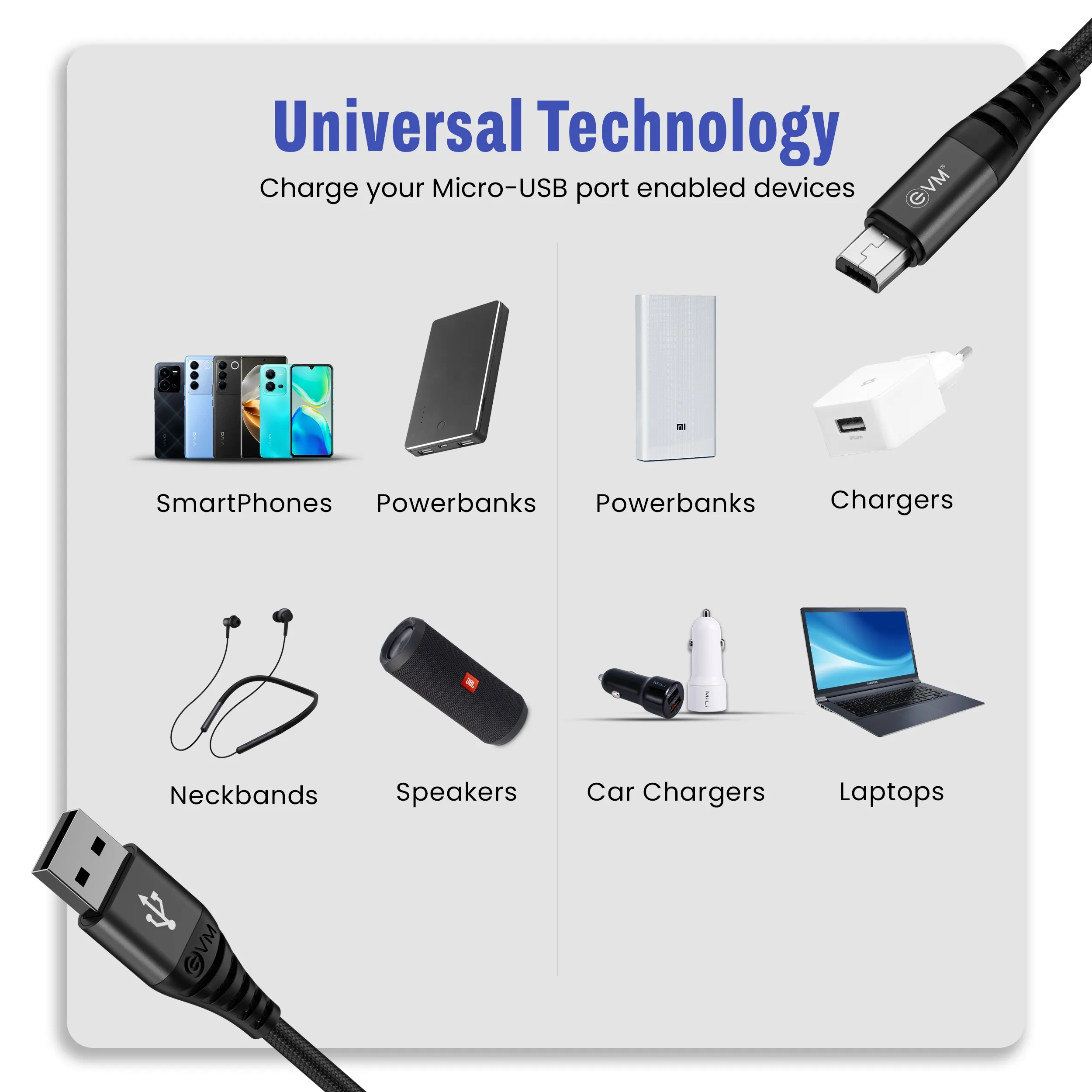 EVM Micro USB Mobile Charging Cable (Metal Head Nylon Braided Cable) EVM-CM-011 view 3
